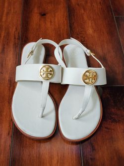 Tory Burch Benton 2 Flat Thong Sandals White Leather Gold Logo Size 9.5