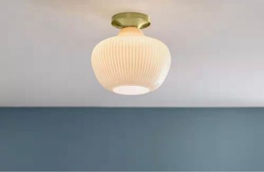Monteaux Pompton 12 in. 1-Light Gold Semi-Flush Mount Ceiling Light Fixture with White Ribbed Glass