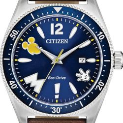 Citizen Eco-Drive Disney Quartz Men's Watch, Stainless Steel with Leather strap, Mickey Mouse, Brown (Model: AW1599-00W)