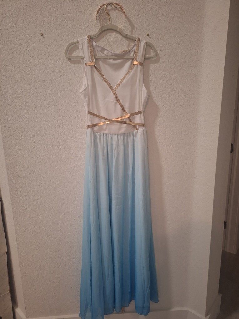 Athena Goddess Costume – Blue & White Ombre Dress with Gold Trim – Size M – Never Worn