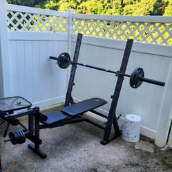 weight bench with 25, 10, 5, 2.5 weight plates
