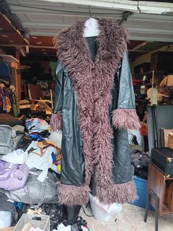 Black Faux Leather Coat with Shaggy Fur Trim