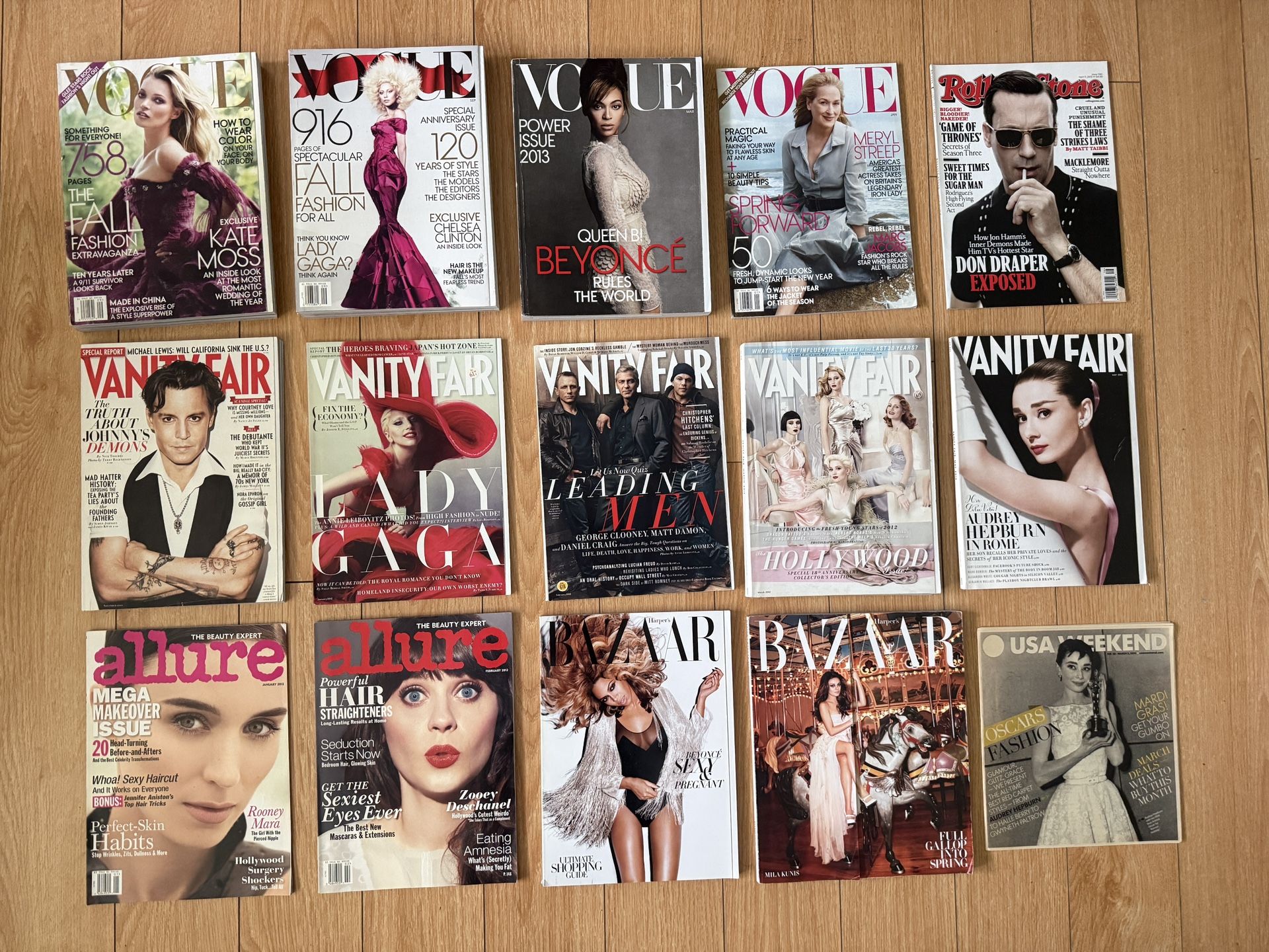 2010s Fashion Magazine Collection Vogue Vanity Fair Harpers Bazaar 2011 2012 2013 Beyonce Lady Gaga Audrey Hepburn Hollywood Books Collage Art
