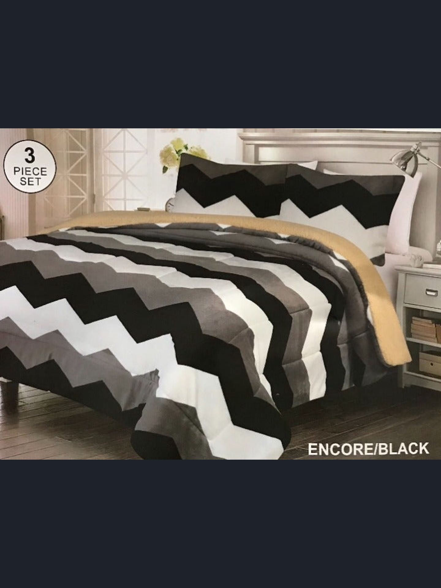 Brand New Modern Chevron Black White Grey Beige Super Soft Thick Warm Borrego Sherpa 3 Piece Bed Blanket Set King Size