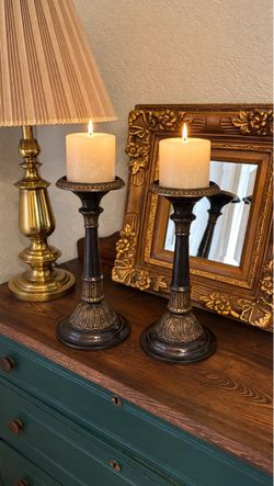 Pair of Ornate Bronze Pillar Candle Holders