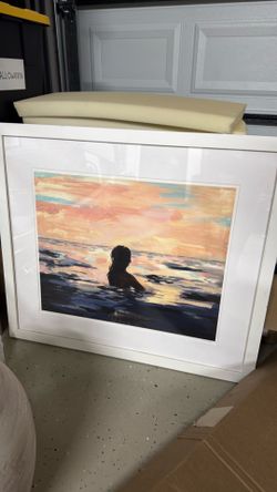 Large Framed Art Print Of Girl Looking Out In Ocean