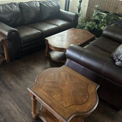 Sofa Set - 5 Pieces (2 Leather Sofas + 3 Solid Wood Coffee Tables)