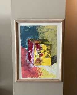 (Or Best Offer) Original Abstract Cubism Painting Geometric Cube Yellow Red Framed 1410 AH 1989