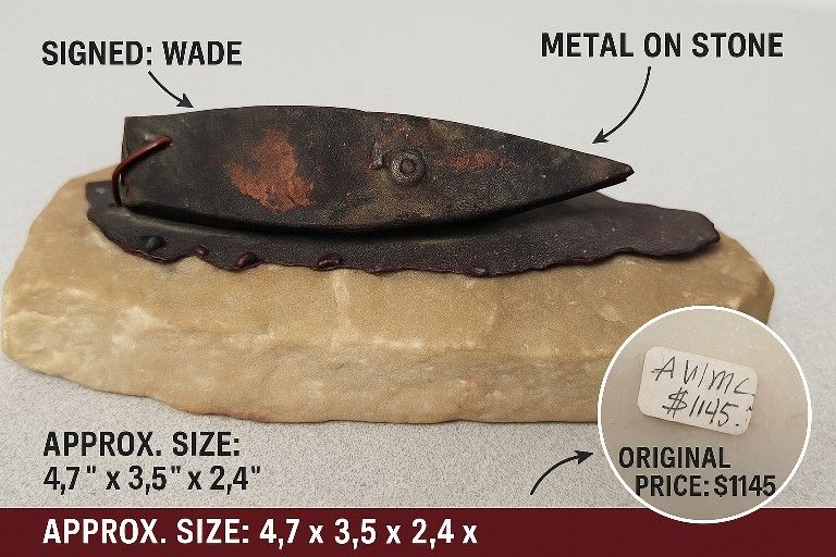 WADE Signed Sculpture – Metal on Stone Brutalist Art – Orig. Price $1145