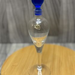 Vintage Hungarian Glass Stemmed Decanter Cruet Cobalt Blue Ball Stopper 8” Tall