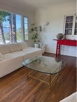Coffee table, glass top with gold brass base 46”x46”