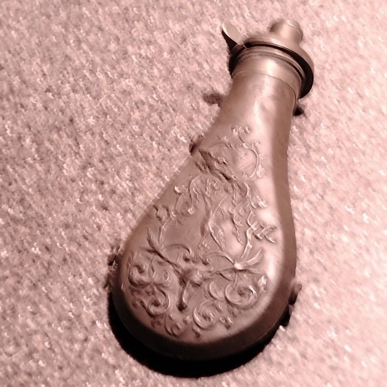 Rare 1800s James Dixon & Sons Powder Flask • Stag & Scroll Relief • Museum-Grade Black Powder Antique