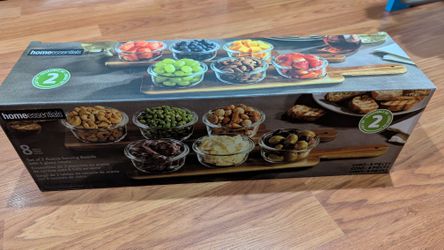 Set of 2 Acacia Serving Boards with 6 Glass Bowls