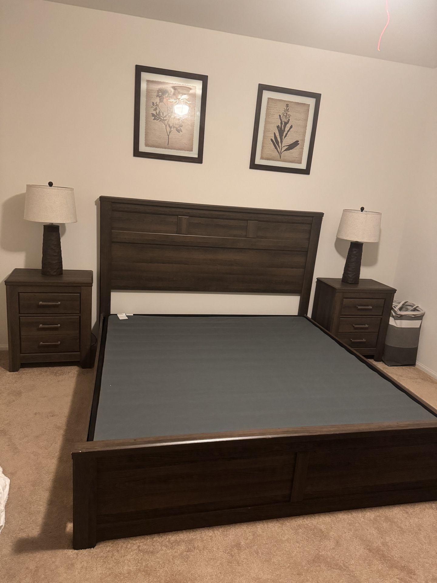 King Size Bed Frame With 2 Side Tables, Dresser & 2 Table Lamps