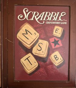 Hasbto Scrabble Crossword Puzzle Game In A Stylish Slide Top Wooden Box. 4 Racks And A Velvet Pouch Are Missing. The Folding Board And 100 Tiles Look 