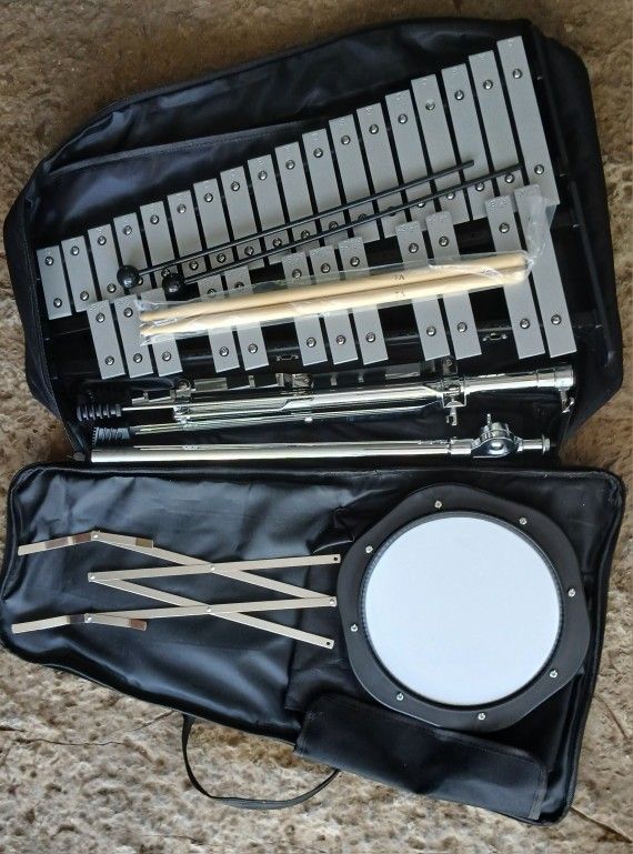 Brand New Percussion Set, Bells, Practice Pad, Stand, Music Rest, Sticks, Mallets And Case 