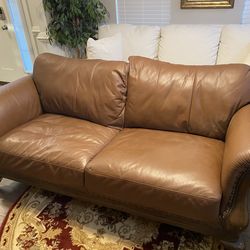 Classic Brown Leather Rolled-Arm Couch - Great Condition
