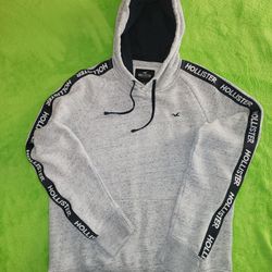 Hollister Gray Fleece Pullover Hoodie Logo Tape sleeve graphic men's Size M