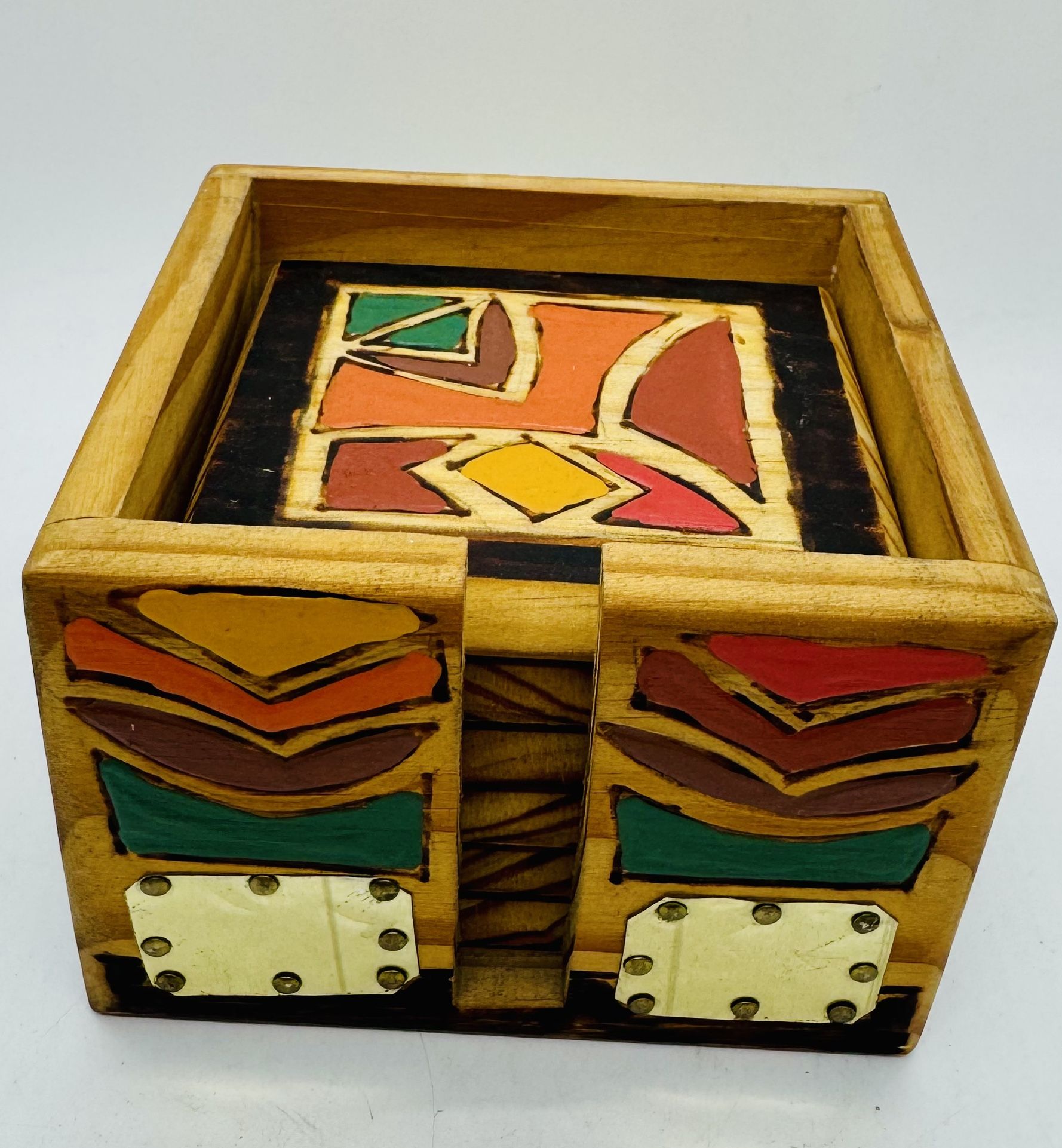 Square Wooden Coaster Set 6 w Storage Box, Silver Accents Vtg. MAROC Hand-carved