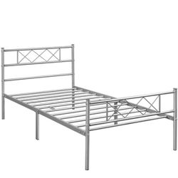 13 inch Metal Platform Bed Frame with Headboard and Footboard Slat Support/Mattress Foundation for Adults Girl Boy Twin Silver
