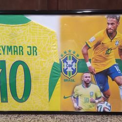 NEYMAR JR OF THE BRASILIAN SOCCER TEAM,BRANDED, AUTHENTIC FRAMED JERSEY.