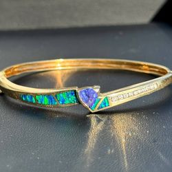 Jewelry Antique 14k solid Yellow Gold Blue Topaz Opal Natural Diamond 10CTW bracelet 7.5”  6.00mm