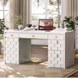 58" Executive Desk with Drawers, Home Office Desk with Charging Station & Keyboard Tray, Wood Office Desk with File Drawer & Storage Cabinet, Modern C