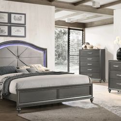 NEW 5 PCS QUEEN LED BEDROOM SET . AVAILABLE IN GOLD AND GRAY ! 