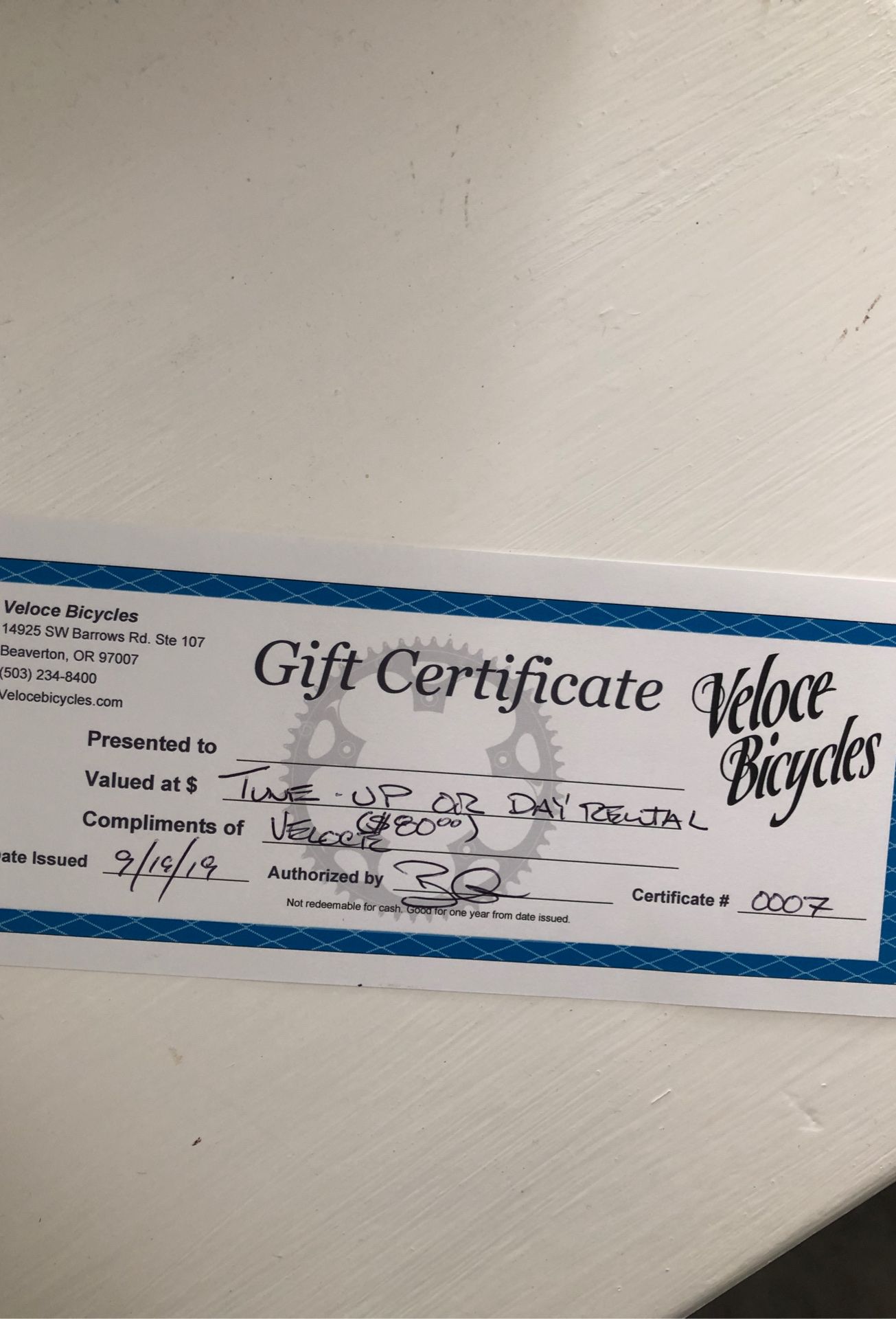 Gift certificate for Veloce Bicycles