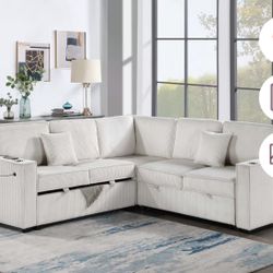 $550.  Sectional Pull Out Bed With Storage USB Cup Holder Available,I Ivory,Dark Gray,Corduroy