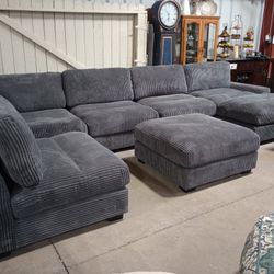 Gorgeous Corduroy Dark Gray Sectional With Ottoman 