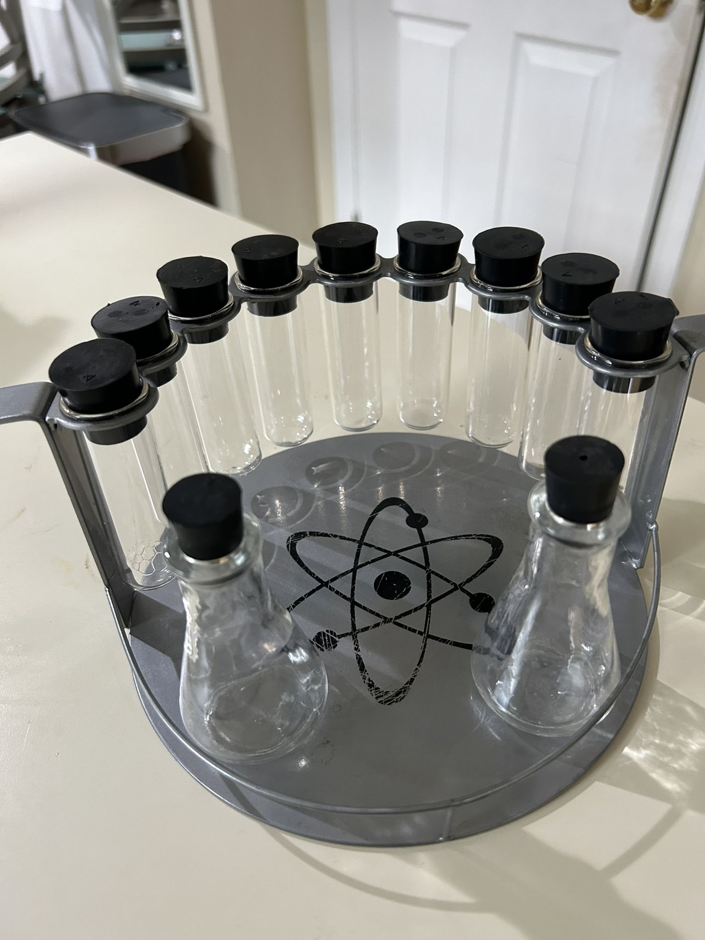 Mid Century Atomic Periodic Table Glass Oil bottles Test Tubes And Silver Metal Stand