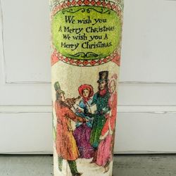 Vintage Tall MCM Christmas Sugared Glass Candle Holder Carolers Christmas greeting theme. 9 1/4” tall x 2 7/8” across the top.   