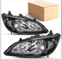DNA For 2004 2005 Honda Civic [Halogen Type] Headlight Assembly Pair Set Black Housing & Clear Reflector,Sedan 4Dr & Coupe 2Dr,Factory OEM Headlamp Dr