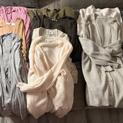 Women’s sweater and cardigan bundle in soft neutrals and cozy knits. 