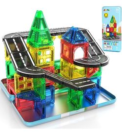 Mini Magnetic Tiles Road with Case Toddler Travel Toys Trip Essentials Set, Magnetic Building Blocks Toys for 3 4 5+ Year Old Boys Girls Montessori Se