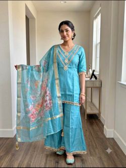 Purple & blue floral embroidered silk suit with gold trim and tassels #silk #embroidered Luxury 3-Piece Silk Salwar Kameez Set | Elegant Embroidered