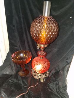 Vintage Amber glass lamp and lotus blossom decorative dish