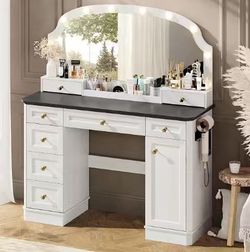 Makeup Vanity Desk with Mirror and Lights, 47'' Vanity Table with 8 Storage Drawers 1 Cabinet & 2 Organizer Trays, Large Dressing Table with Charging 