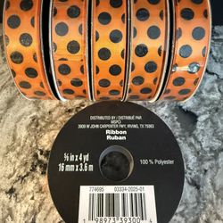 6 Rolls Of Orange And Black Polka Dot Ribbon 
