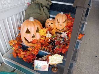 Halloween lighted pumpkins and decorations