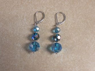 Faceted Blue Iridescent Beaded Dangle Drop Silver-tone Pierced Earrings