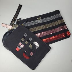 NWT Victoria's Secret 3-PC Bling Cosmetic Makeup Bag Wristlet Coin Pouch Black