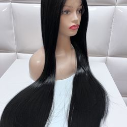 Synthetic Lace Front Wig-34 Inches Long Straight Wig-Black Color-New $60-peluca Larga Lacia Nueva