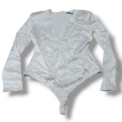 Zara Bodysuit Size XL Satin Bodysuit Low V-Neck Long Sleeve Padded Shoulders EUC Measurements In Description 