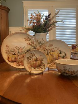 Autumn/ Thanksgiving dinnerware: plates (8); 4 salad plates; 3 small bowls; 3 very small played