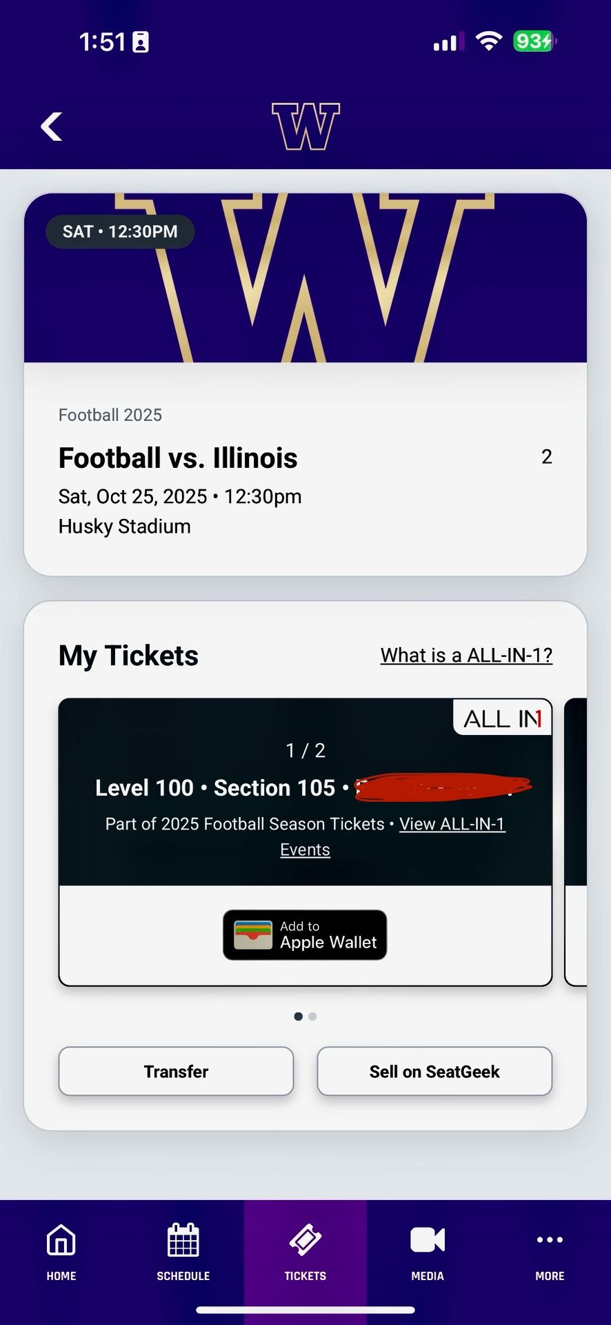 Husky Vs Illinois - 2 Tickets + Club Parking Pass