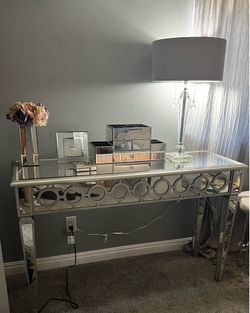 Mirrored Glam Console Table / Vanity Desk – Silver Trim