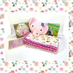 Pink Baby Elephant Minky/Sherpa Crochet Baby Blanket Gift Set - 5 Piece