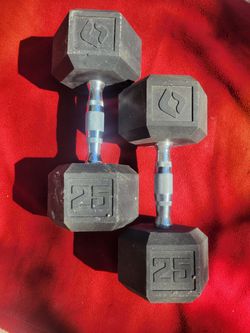 SETS OF 25LB  RUBBER COATED HEXHEAD DUMBBELLS TOTAL 50LBs
11525 S HALSTED/7111.S WESTERN 
50$  CASH ONLY AS IS